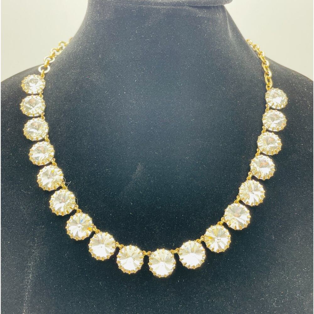 J Crew Brulee Necklace Clear Rivoli Rhinestone Prong Set Brass Chain Signed Tag